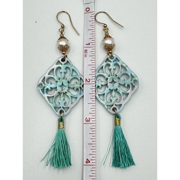 Aqua Teal Lightweight Gold Tone Boho Scroll Faux Pearl Dangle Fringe Earrings - Picture 2 of 8